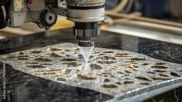Fototapeta Advanced water jet cutters carving intricate patterns into granite slabs for custom designs."