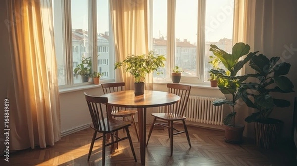 Obraz Sunlit Apartment Interior with Plants and Wooden Table near Bay Window