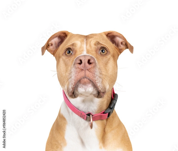 Fototapeta Large dog with intense focus on something. Head shot of Pitbull mix dog waiting for food or toy. Serious or focused stare. 2 years old female Boxer Pitbull mix breed, tan white. Selective focus.