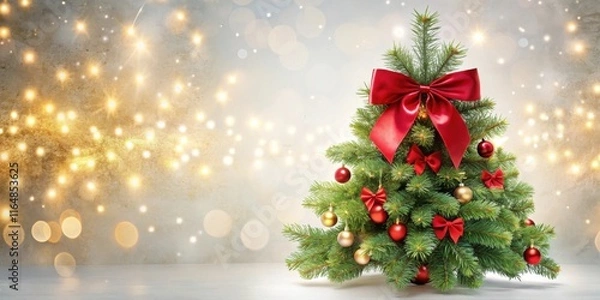 Fototapeta Festive Mini Christmas Tree Decorated with Red Bows and Gold and Red Ornaments Against a Sparkling Background
