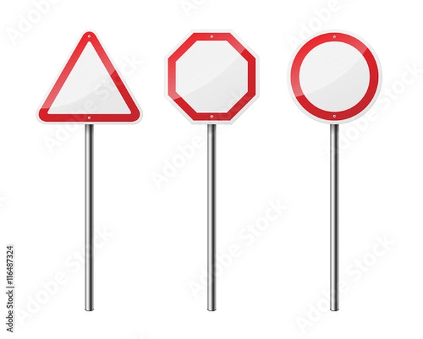 Fototapeta Set of 3 blank road signs, isolated on white background. EPS10 vector illustration.
