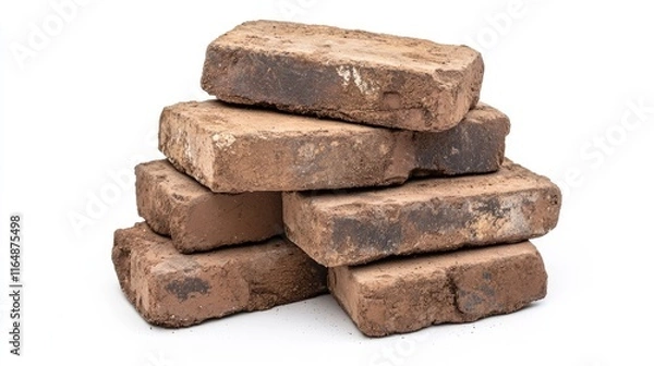 Fototapeta Close-up of bricks covered in dirt and grit, stacked irregularly with noticeable imperfections, isolated on a white background, highlighting their worn texture