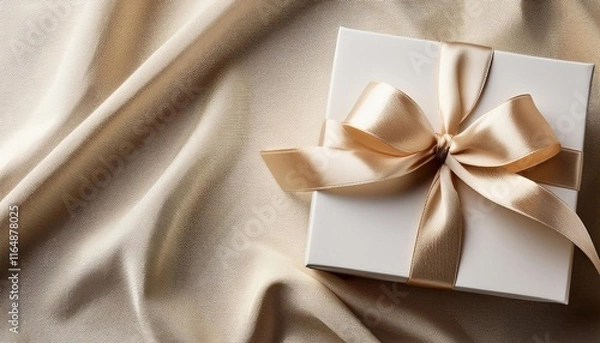 Fototapeta White Gift Box with Champagne Satin Ribbon on Fabric Background. Top View of Wedding Gifts with Copy Space