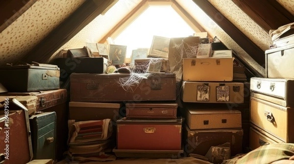 Fototapeta A messy attic filled with cobwebs, old trunks, and scattered memorabilia 