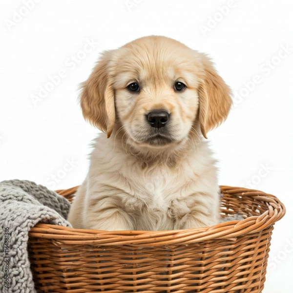 Fototapeta cute golden retriever puppy sitting in a wicker basket  looking at the camera with a sad expression  isolated on white background