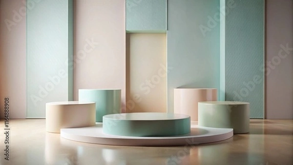 Fototapeta Pastel Cylinders on a Platform Against a Textured Wall