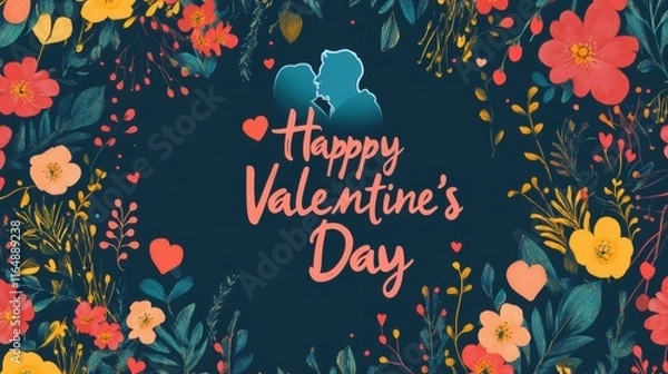 Fototapeta Valentine's card design featuring an elegant couple silhouette surrounded by vibrant floral patterns and cursive "Happy Valentine's Day" text