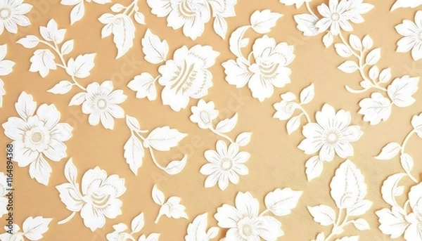 Fototapeta Elegant Beige Fabric With White Floral Embroidered Design