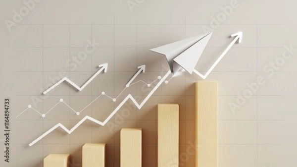 Fototapeta Paper Airplane Soaring Above Ascending Growth Charts