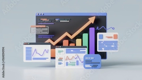 Fototapeta 3D illustration of a data analytics dashboard showing upward trending graphs,