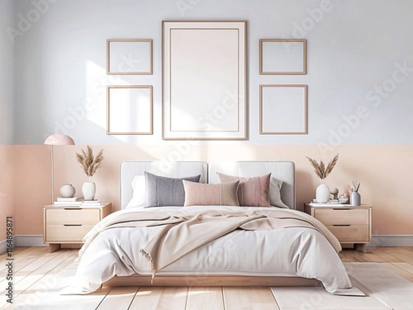 Fototapeta 침실과 액자 목업