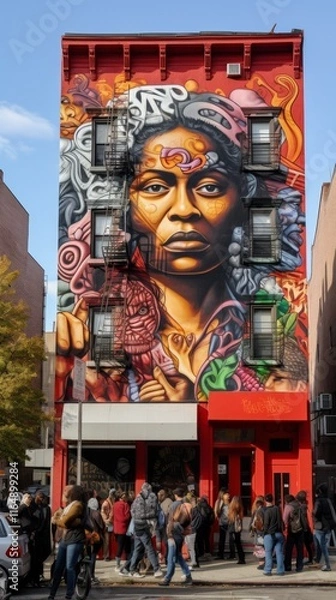 Fototapeta A vibrant street art mural in a bustling urban neighborhood, with pedestrians passing by, dynamic angles, and bold colors