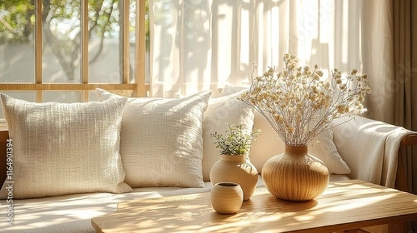 Fototapeta A stylish living room scene with a table located in the center, showcasing minimalist furniture and light tones from IKEA, with a shallow depth of field highlighting modern decor and clean design.