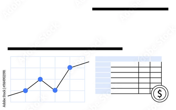 Fototapeta Line graph with growth trend, data table, and money icon. Ideal for finance, business strategy, analytics, performance, profit metrics reporting and evaluation. Abstract line flat metaphor