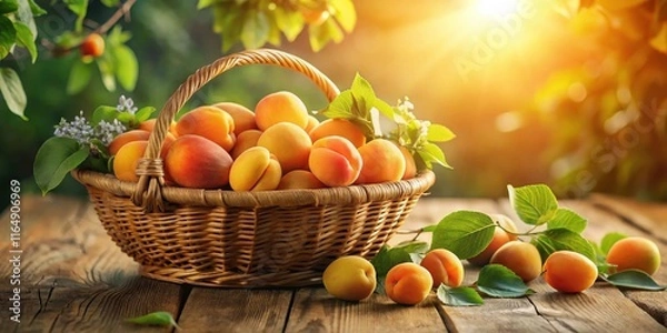 Fototapeta A wicker basket brimming with ripe apricots, nestled amongst vibrant green leaves and bathed in the warm glow of sunlight on a rustic wooden surface.