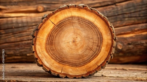 Fototapeta Detailed Cross Section of a Tree Trunk Showing Growth Rings Against a Background of Rustic Wooden Logs