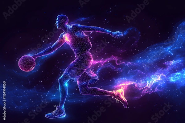 Obraz basketball player in action, jumping high to make a slam dunk with energy and precision. The design captures athleticism, power, and the excitement of the game, rendered in a sleek low-poly style with