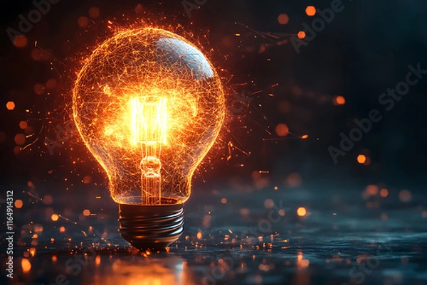 Fototapeta broken light bulb with scattered glass shards and glowing filament sparks. The design symbolizes fragility, creativity, and ideas, rendered in a modern low-poly style with dynamic details