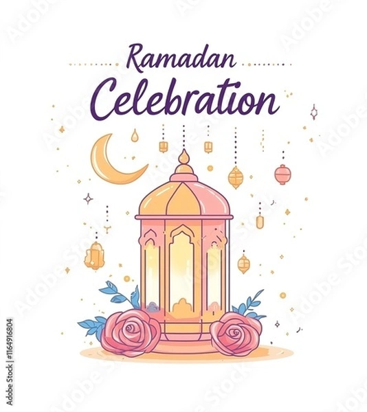 Obraz A pastel-themed vector illustration of a cute lantern with a moon and roses, featuring "Ramadan Celebration" in a charming cartoon style

