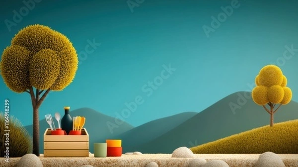 Fototapeta [Outdoor picnics area picnic dining] Colorful Farm Scene Illustration With Cartoon Style Trees & Fresh Produce Basket Under Clear Blue Sky
