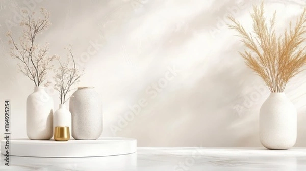 Fototapeta Serene Still Life: Elegant vases with dried flowers on a minimalist platform.
