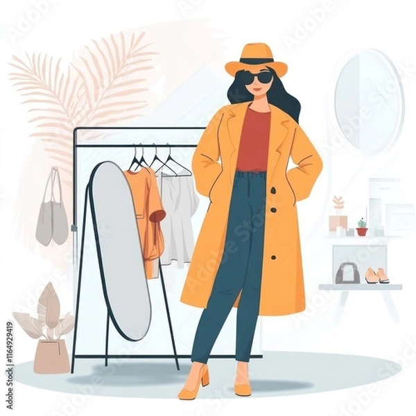 Fototapeta A fashionable woman in an orange coat poses in a stylish clothing boutique.