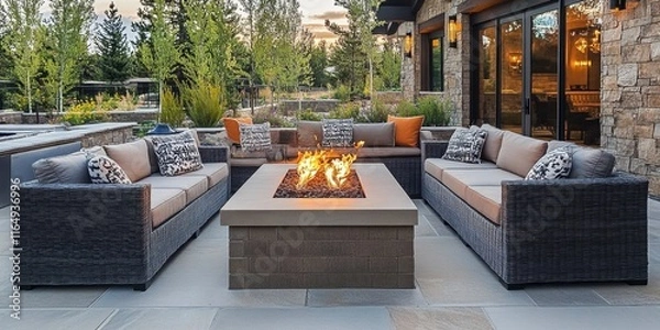 Fototapeta A large outdoor patio featuring stylish furniture and a cozy fire pit- perfect for entertaining and relaxation.