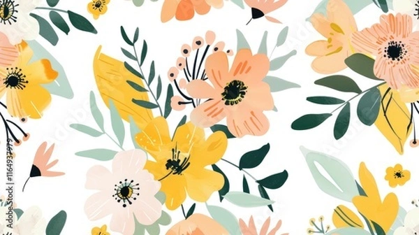 Fototapeta A vibrant floral pattern featuring various colorful flowers and leaves on a white background.