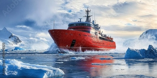 Fototapeta A powerful red icebreaker ship sails through frozen polar waters surrounded by glaciers and icy landscapes- showcasing exploration- resilience- and arctic navigation.