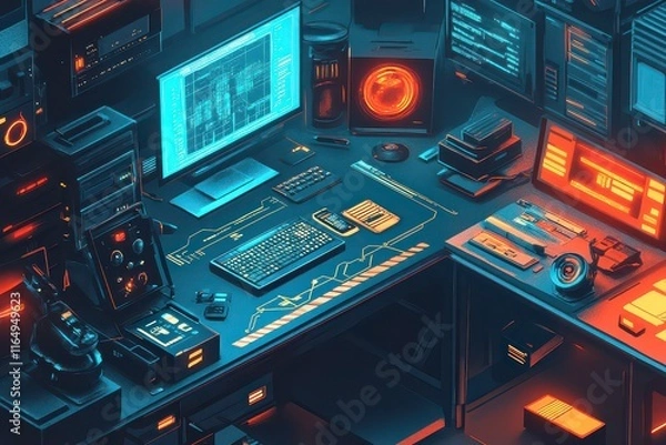 Fototapeta Futuristic Tech Workspace with Advanced Gadgets