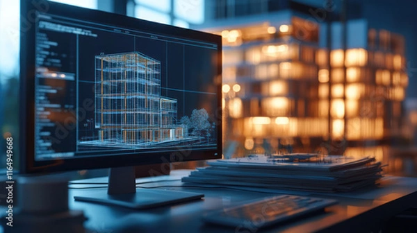 Fototapeta A Modern architectural workspace with computer displaying building model, showcasing creativity and design