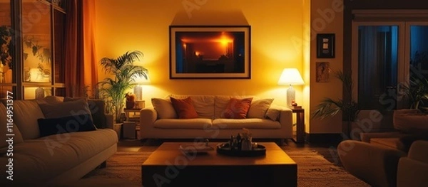 Fototapeta Elegant living room with modern furniture and warm ambient lighting ideal for home decor inspiration and interior design ideas
