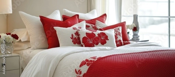 Fototapeta Cozy spacious bedroom with fresh linens and vibrant red pillows creating a bright and inviting home interior atmosphere