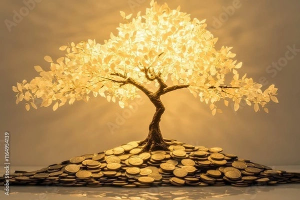 Fototapeta Serene Conceptual Tree Growing from Pile of Coins