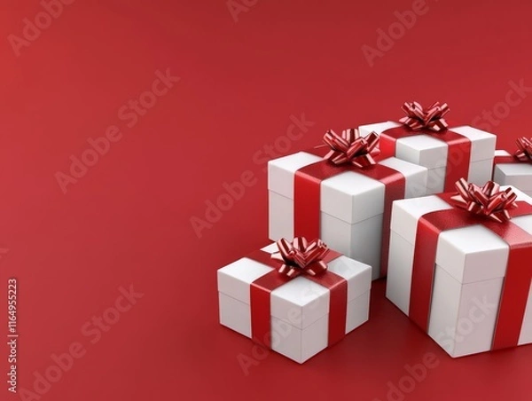 Fototapeta A collection of white gift boxes with red ribbons and bows on a red background.
