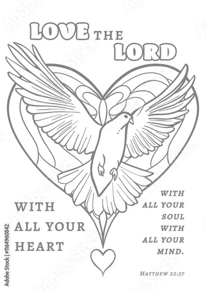 Obraz Bird with a heart of biblical coloring page; Love the Lord with all your heart, with all your soul, with all your mind