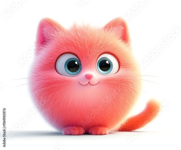 Obraz Adorable pink fluffy kitten, cartoon style, 3D render, isolated on white background.