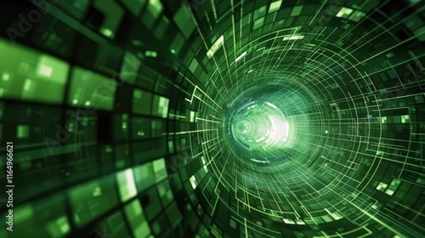 Fototapeta A digital tunnel with green light and grid patterns, symbolizing technology and data flow.