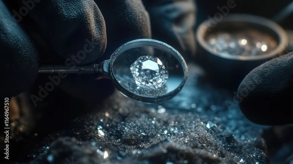 Fototapeta Expert jeweler carefully inspects a brilliant diamond for quality and clarity, highlighting exceptional craftsmanship in gemstone evaluation.