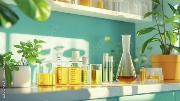 Fototapeta A vibrant laboratory scene with various glass containers filled with liquids.
