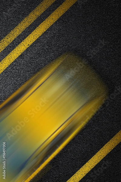 Fototapeta Level asphalted road with a dividing yellow stripes and moving with at high speed the vehicle cab. The texture of the tarmac, top view.