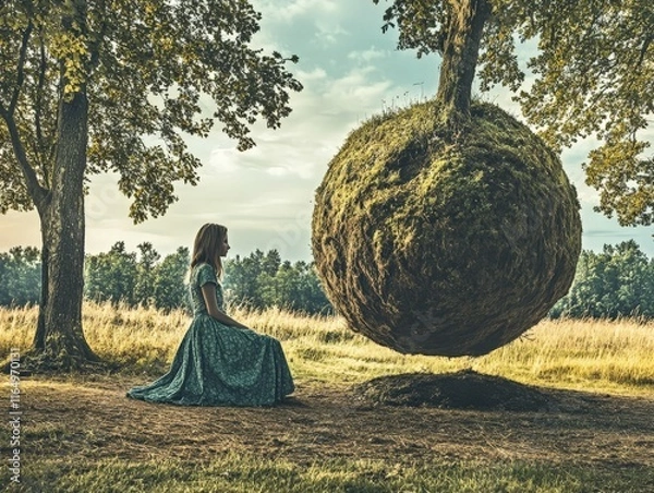 Fototapeta A serene scene of a girl in a dress sitting before a floating, moss-covered sphere.