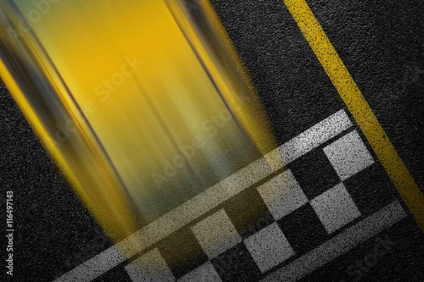 Fototapeta Level asphalted road with a dividing stripes and moving with high speed a yellow sport car. The texture of the tarmac, top view.