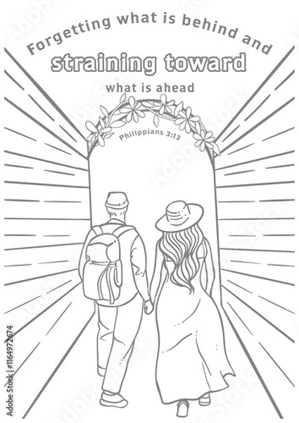 Obraz Couple walking on the street and relaxing on the beach in a fashionable, loving moment with Biblical coloring page