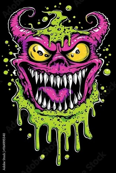 Fototapeta A cartoon illustration of a pink monster with horns, sharp teeth, and dripping green slime.