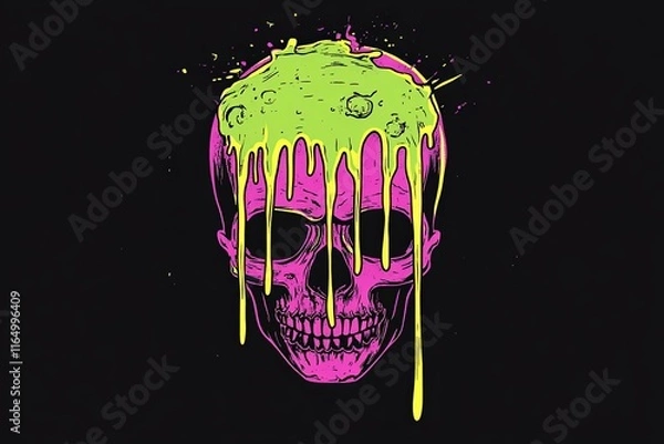 Fototapeta A pink skull with dripping lime green paint splatters on a black background. (1)
