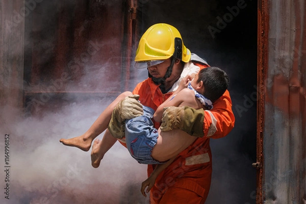 Fototapeta Firefighter holding child boy to save him in fire and smoke,Firemen rescue the boys from fire.