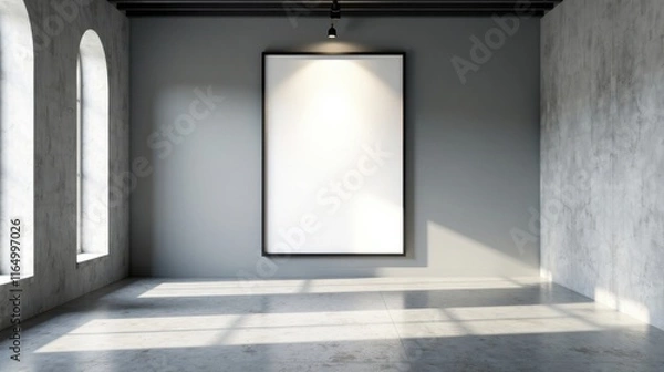 Fototapeta Empty Modern Gallery Space with Large Blank Canvas and Sunlight Streaming Through Arch Windows