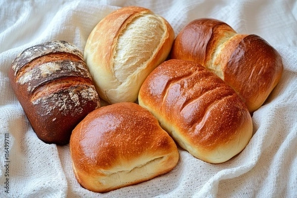 Fototapeta Homemade natural breads. Different kinds of fresh bread as background, top view with copy space. 
