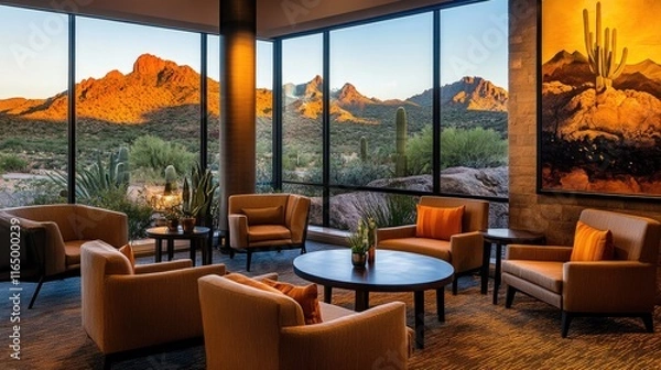 Obraz Cozy Hotel Lounge with Scenic Desert Mountain View at Sunset